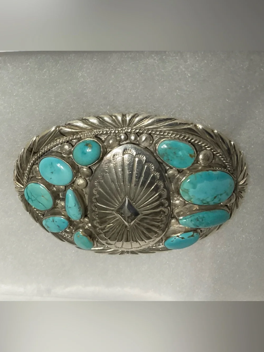 Stover Paul Sterling Navajo-Style Belt Buckle‎ Turquoise Cabochons
